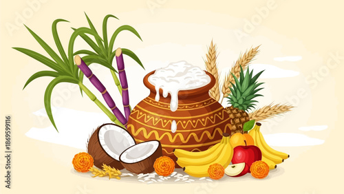 Happy Pongal greeting card on white background. Happy pongal festival celebration with sugarcane and pot of rice