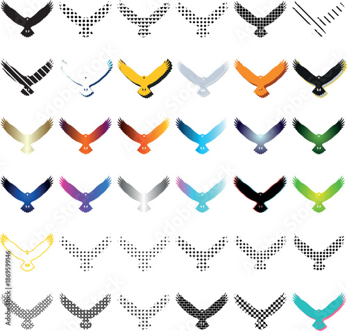 Eagle Hawk Bird Wings Flying Vector Icons Design Set