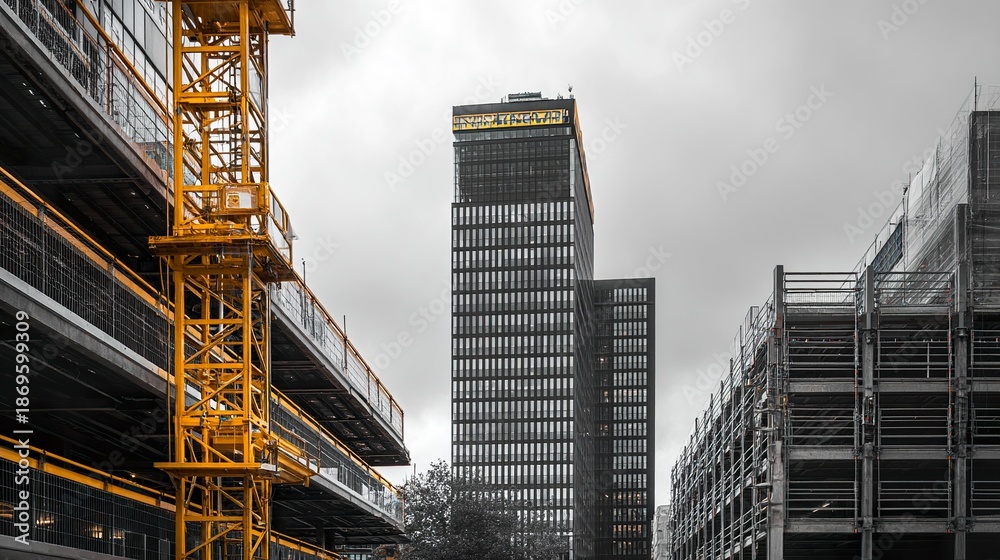 Fototapeta premium Urban construction zone featuring contrast between finished office tower and unfinished framework 