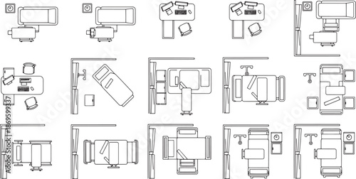 A series of top-down blueprints detailing the layout of various hospital rooms, showcasing the spatial arrangement of medical equipment and patient beds.