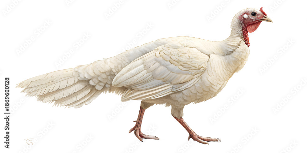 Fototapeta premium Realistic farm turkey, full body, standing pose, neutral natural position, realistic proportions, clean detailed feathers, soft studio lighting, eye level view, centered composition, isolated on trans
