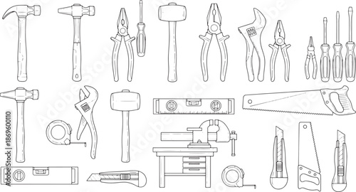A comprehensive assortment of essential tools for construction, home repair and various manual tasks, this image showcases a range of equipment in monochrome outline.