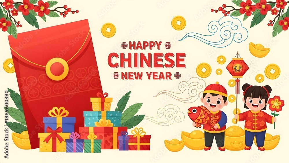 Fototapeta premium Happy Chinese New Year celebration with traditional gifts and decorations