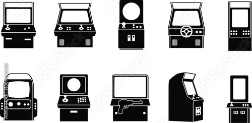 Retro arcade machine collection, vintage gaming cabinets, joystick setups, driving simulators, shooting games, nostalgic entertainment, pixel art style, simplified illustrations