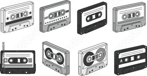 Retro cassette tapes, vintage audio collection, colorful music cassettes, nostalgic analog design, 80s style, pop culture, isometric illustration, graphic art