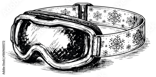 Hand drawn line art illustration of ski goggles depicting protective eyewear for winter sports
