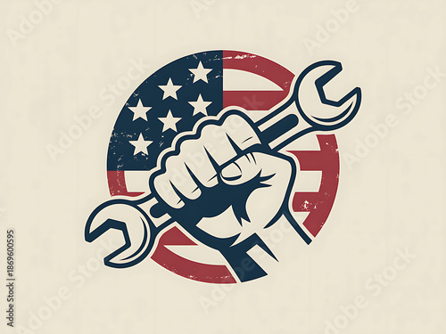 Retro style American badge illustration for Labor Day, featuring a strong hand