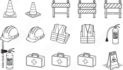 Safety equipment: a concise black and white illustration presenting essential safety gear. The image captures the essence of safety awareness in a clean, easily recognizable style.
