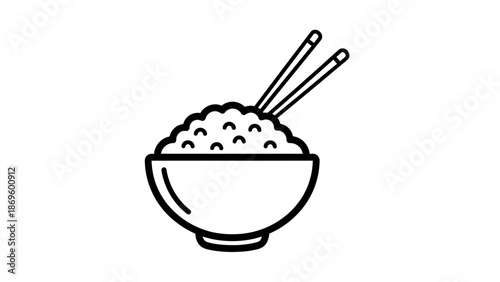 Bowl of rice with chopsticks line art icon. Traditional Asian food vector illustration isolated on white background.