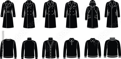 Stylized outerwear, trench coats, sweaters, fashion illustration, knitwear, winter clothing, pullover designs, coat styles, apparel icons, garment sketches