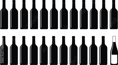 Unique bottle silhouette, black bottles, visual puzzle, pattern recognition, odd one out, minimal design, contrast, shape variation, attention test