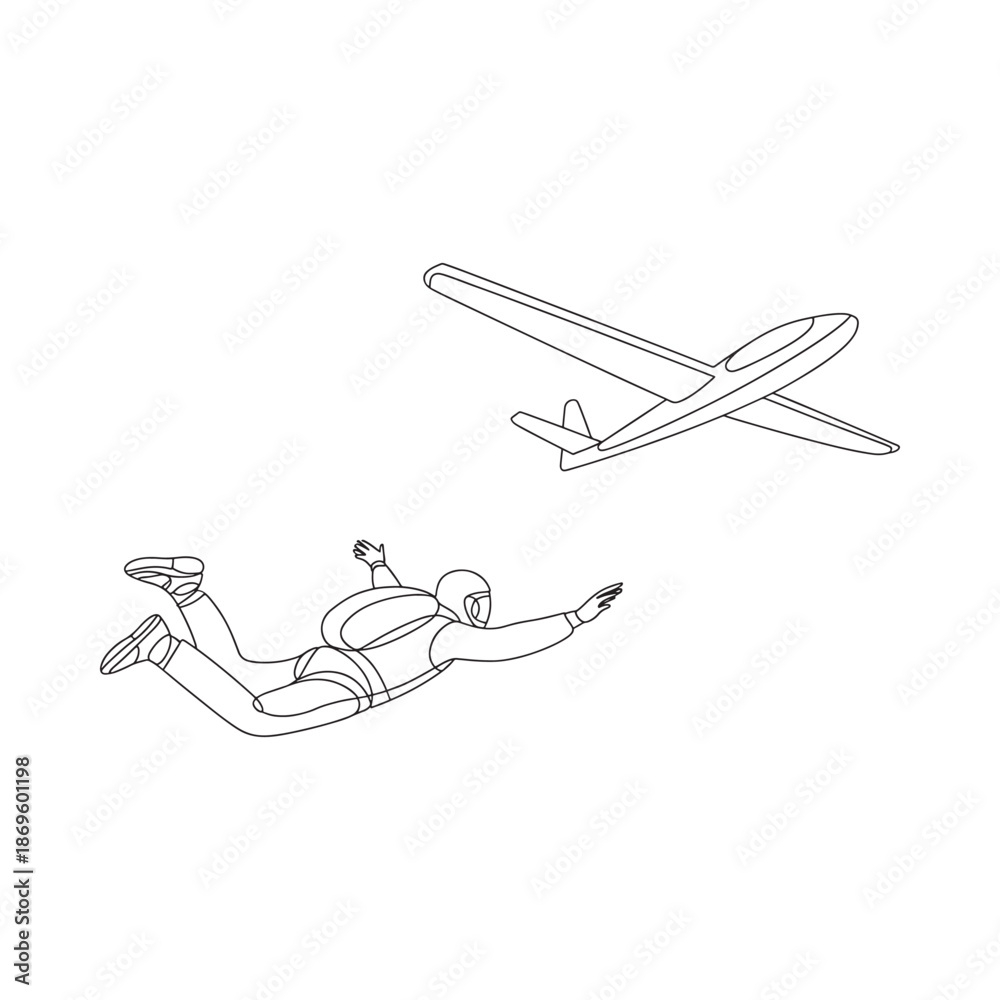 Obraz premium A skydiver falling in the air with a glider plane above outline drawing