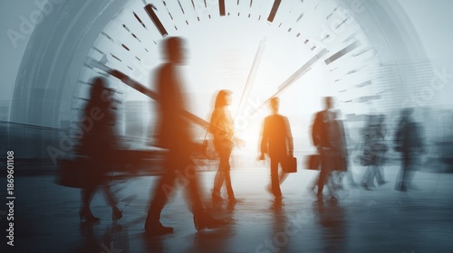 People walking against a clock face