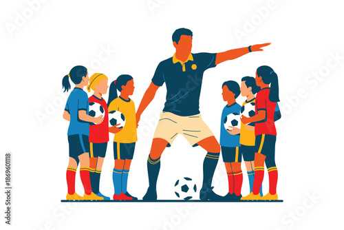Soccer coach instructs young girls holding balls in a focused.