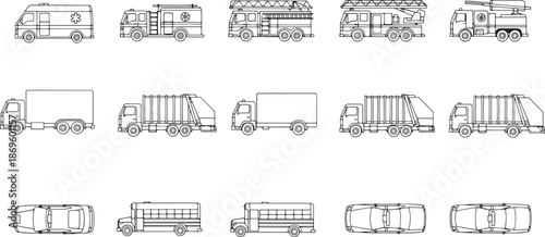 An array of various emergency vehicles, with a focus on their essential forms. Capturing an overview of different vehicle types.