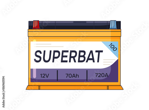 Icon of car battery with plus and minus. Automotive accumulator, reusable and rechargeable charger. Charging of automobile with electrical power, energy. Flat isolated vector illustration on white.