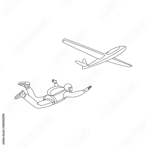 A skydiver falling in the air with a glider plane above outline drawing