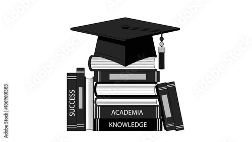 Graduation cap on stack of books with success and knowledge text.