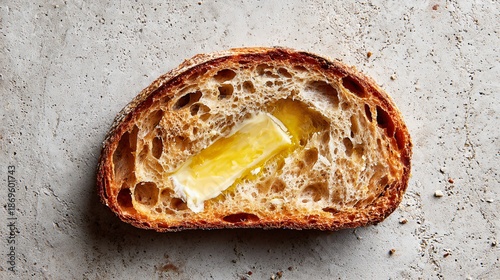 Wallpaper Mural Single slice of sourdough with butter melting naturally, overhead shot on pale stone surface, wide negative space on right Torontodigital.ca