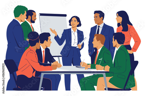 Business leader clearly presents strategy to diverse group of attentive.