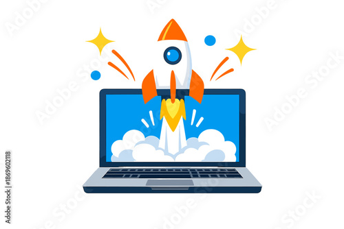 Rocket launching from laptop screen, symbolizing startup or new idea