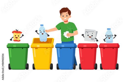 Boy sorting recyclables into colored bins with cartoon characters