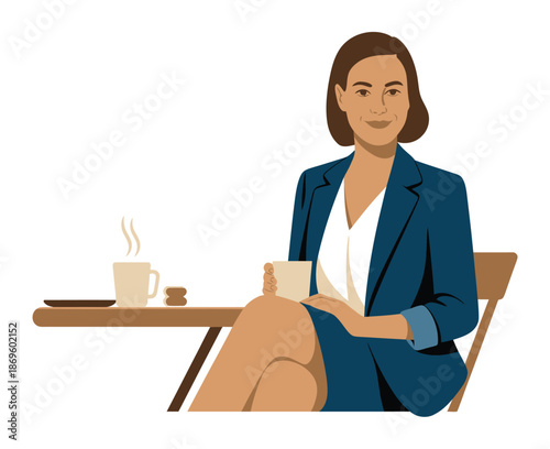 Businesswoman in blue suit relaxes holding coffee cup at outdoor table.