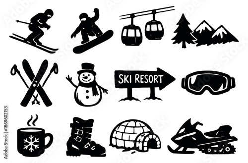 Hand drawn ski resort elements set featuring skiers, snowboarders, a ski lift, and winter gear for a winter vacation