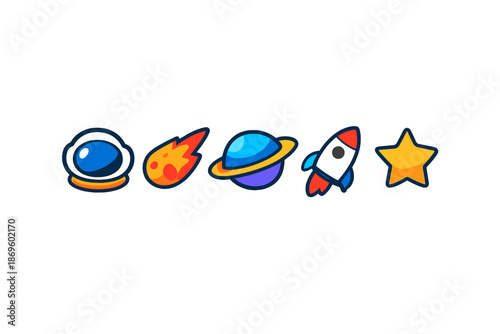 Space-themed icons on a dark background