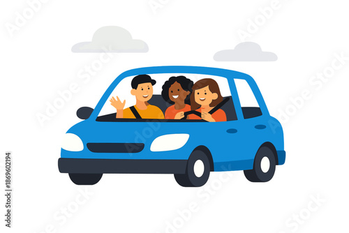 Three friends in a blue car waving