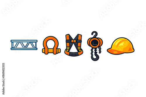 Construction safety equipment icons on a yellow background