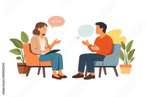 Therapist and client in a session, discussing issues with speech bubbles