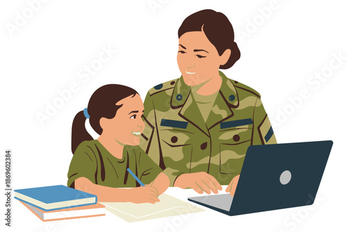 Military mother assists child with homework using a laptop computer device.