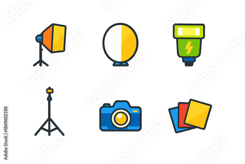 Photography equipment icons on a dark background