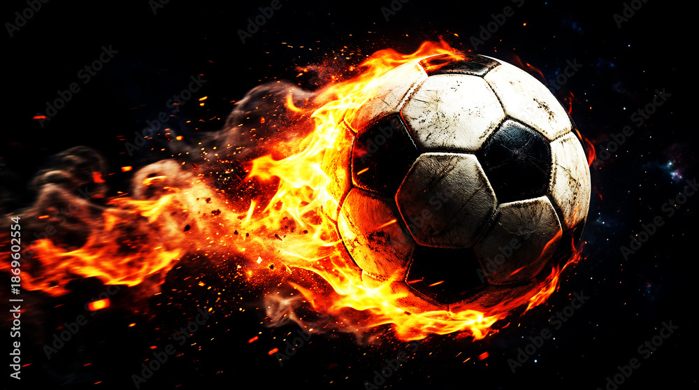Naklejka premium Soccer Ball on Fire Flying Through Dark Space, Flaming Football with Energy and Motion, Extreme Sports Action Concept, Power, Speed and Competition Background