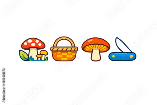 Cute cartoon icons of mushrooms, basket, and knife