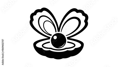 Pearl inside open oyster shell icon black and white vector.