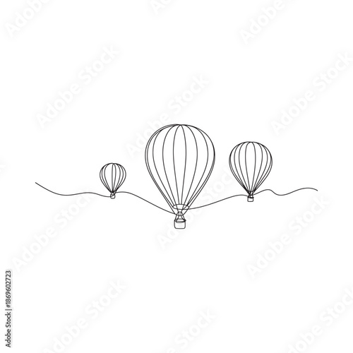 Minimalist line art depicts three hot air balloons floating above a wavy line