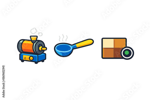 Coffee roasting equipment and ingredients icons