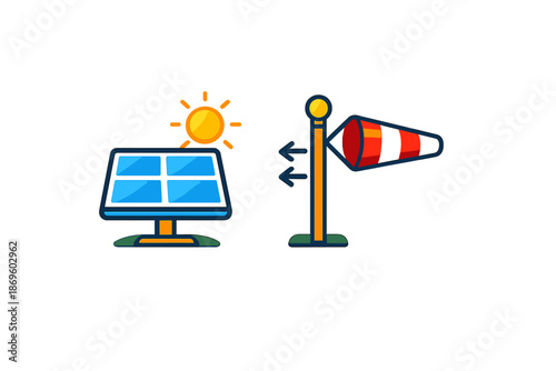 Solar panel and windsock icons representing renewable energy