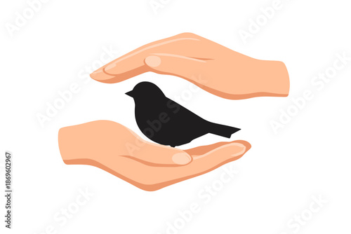 Hands cupping a small bird silhouette