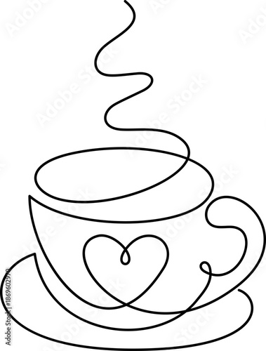 Coffee cup continuous vector valentine line tea drawing featuring a heart, symbolizing love for hot morning and rituals drinks
