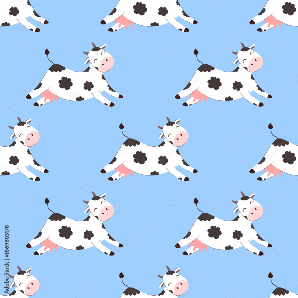 Obraz premium Seamless pattern cute cartoon doodle cow repeated on blue background. Concept of fun farm life and child friendly design. Suitable for kids textiles, packaging, playful branding projects