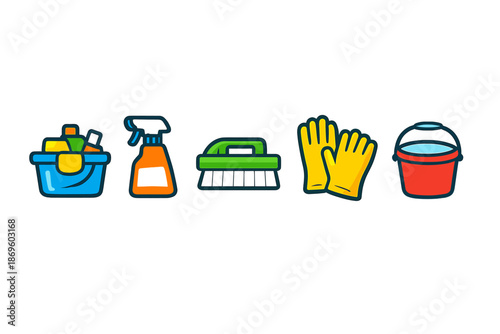 Cleaning supplies flat icons on a gray background