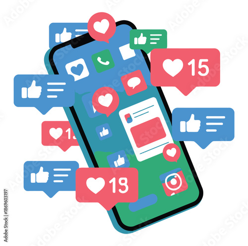 Smartphone displays social media notifications with likes and hearts flying around.