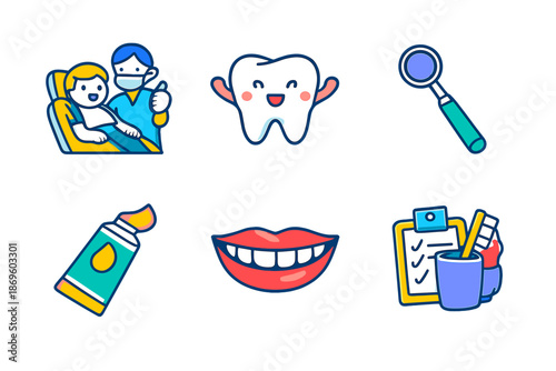 Cute Dental Care Icons with Glowing Outline