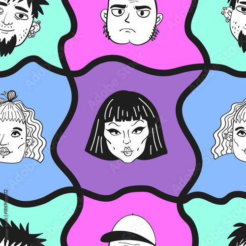 Colorful pattern of cartoon faces with one woman in middle. faces are all different in doodle style