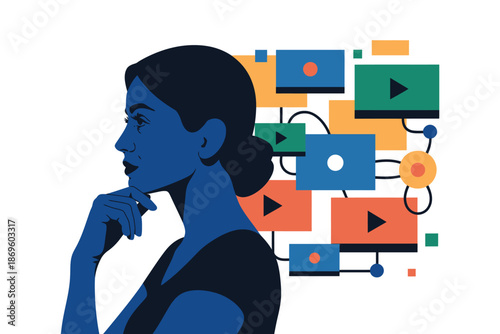 Woman contemplating digital content and information streams on a whiteboard.