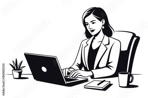 A professional woman is diligently working on her laptop at her desk.