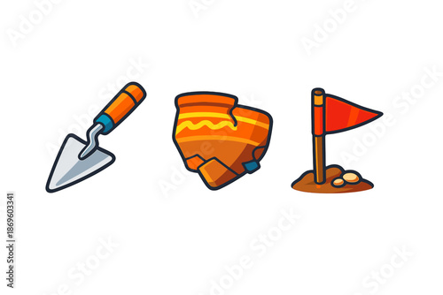 Archaeology icons: trowel, pottery shard, and flag